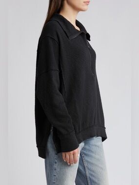 Free People Black Walk Away Half Zip Tunic Pullover Sweater - Small Oversized